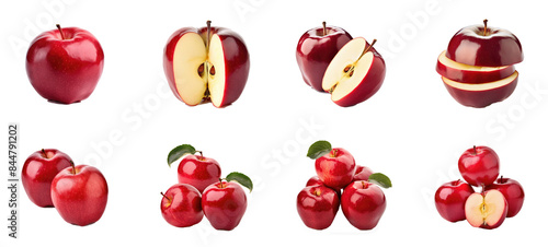 red apples collection different angles and cutting styles isolated on transparent background