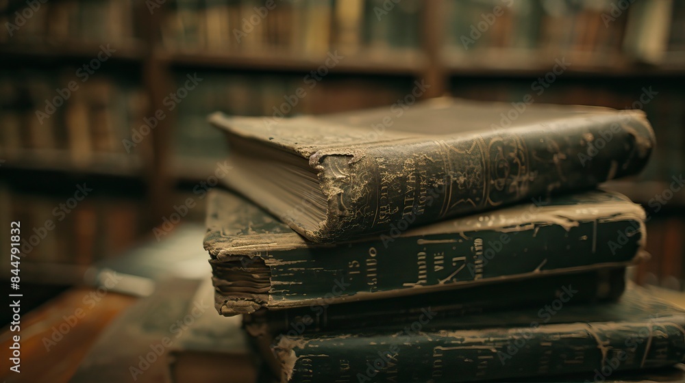 Antique books with old cyrillic text lying on a table in a dark library room, magical symbols Antique books with old cyrillic text lying on a table in a dark library room, magical symbols