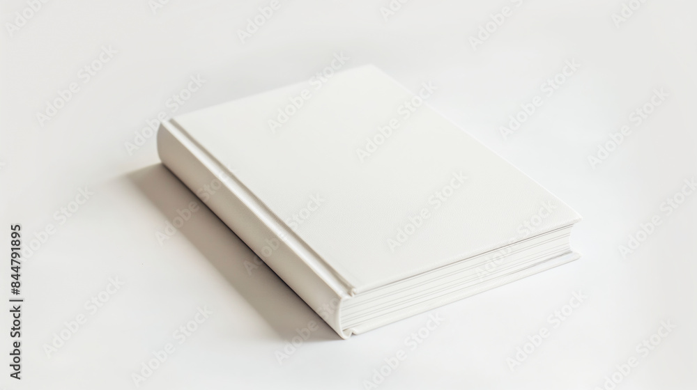 Blank white book mockup on white background. Hardcover book positioned at an angle highlighting its clean minimalist design Blank white book mockup on white background. Hardcover book positioned at an angle highlighting its clean minimalist design