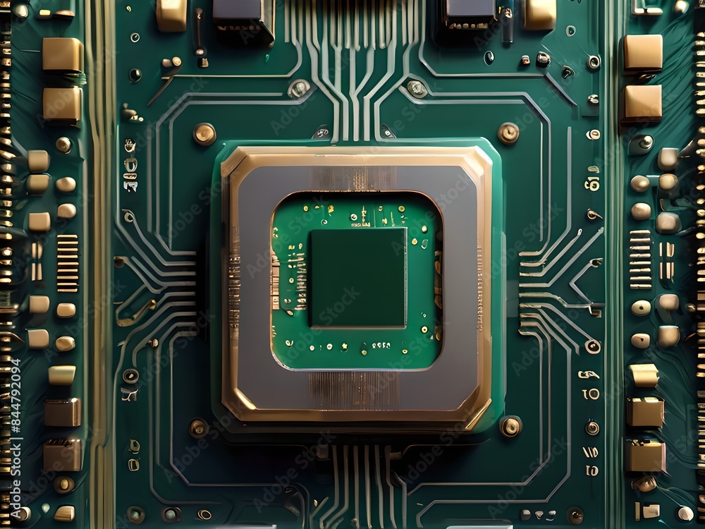 Fototapeta premium a close up of a CPU chip on a printed circuit board. Reflection of the chip on the substrate. Circuit.