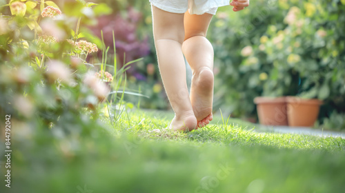 Barefoot child walking on grass in a garden. Greenery and flowers create a fresh and natural outdoor scene