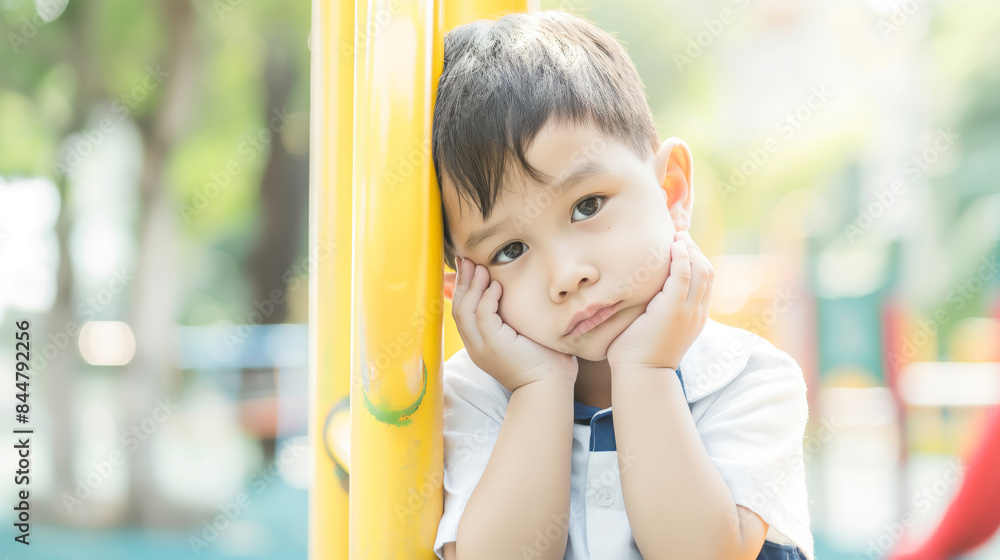 Little boy leaning against yellow pole with sad expression. Child wearing white shirt in playground with colorful equipment in background Little boy leaning against yellow pole with sad expression. Child wearing white shirt in playground with colorful equipment in background