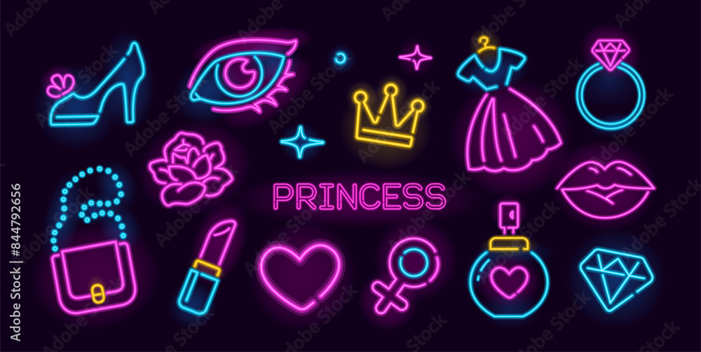 Girls fashion vector neon make-up icons and signs. Girly fashion neon icons of parfume, make-up eye, jewelry. Princess crown icon, dress, pink lipstick. Lady's accessories and things icons Girls fashion vector neon make-up icons and signs. Girly fashion neon icons of parfume, make-up eye, jewelry. Princess crown icon, dress, pink lipstick. Lady's accessories and things icons