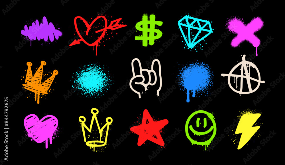 Rock doodle symbols of Street Art Graffiti elements: heart, diamond, star, rock, crown - colorful vector on black background. Graffiti and Rock n Roll Doodle icons and elemets in street art style (3) Rock doodle symbols of Street Art Graffiti elements: heart, diamond, star, rock, crown - colorful vector on black background. Graffiti and Rock n Roll Doodle icons and elemets in street art style (3)