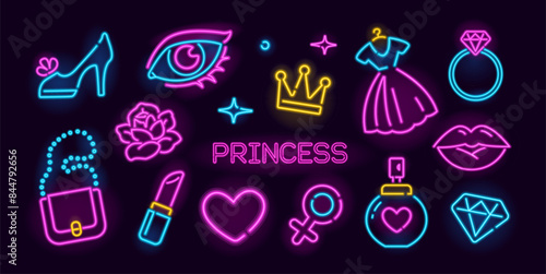 Girls fashion vector neon make-up icons and signs. Girly fashion neon icons of parfume, make-up eye, jewelry. Princess crown icon, dress, pink lipstick. Lady's accessories and things icons