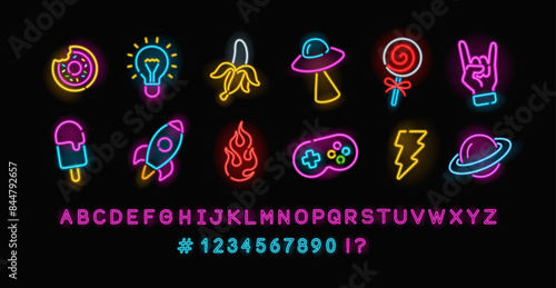 Perfect Neon Sign set 12 on black background. Editable neon icons set of Pop art glowing signs, Rock, Rocket, Game, etc. Neon Font Type night sign, a glowing light banner for club or bar party