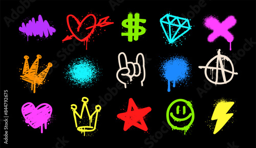 Rock doodle symbols of Street Art Graffiti elements: heart, diamond, star, rock, crown - colorful vector on black background. Graffiti and Rock n Roll Doodle icons and elemets in street art  style (3)