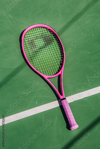 High angle of creative design of pink tennis racket against green sports ground with shadow in daylight  © Fabio