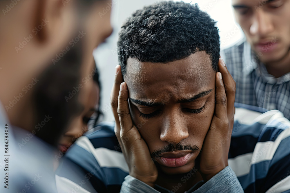 Close-up of a devastated young man holding his head in his hands and friends supporting him during group therapy
Close-up of a devastated young man holding his head in his hands and friends supporting him during group therapy