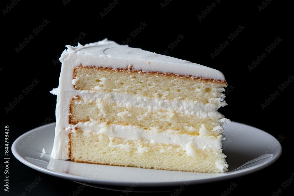 Delectable slice of white cake with creamy frosting served on a plate against a black background Delectable slice of white cake with creamy frosting served on a plate against a black background