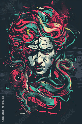 Medusa street style graphic design. Textile artwork for t-shirts. Pop art medusa statue, illustration isolated on black background. Greek god graffiti poster art. Mythological greek monster hand drawi