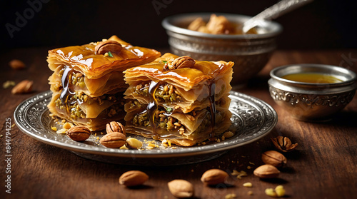 Baklava. baklava dessert. It is a layered pastry dessert made of filo pastry, filled with chopped nuts, and sweetened with syrup or honey. photo