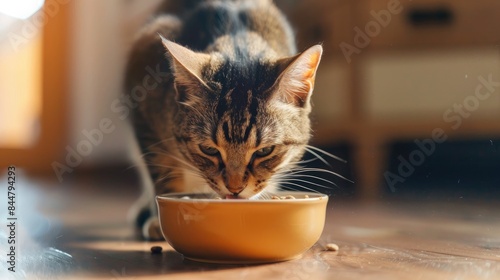 Cat consuming dry food and drinking from a bowl in a home setting emphasizing pet care and providing nourishing meals for beloved feline companions photo