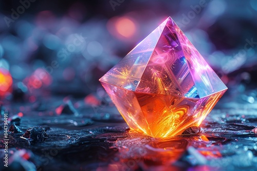 A fractured holographic icosahedron floating in a void, its facets shimmering with vibrant colors. photo