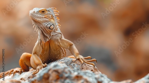 Desert iguana perched on a rock, claws gripping, bright and saturated colors, photo-realistic detail, sharp focus