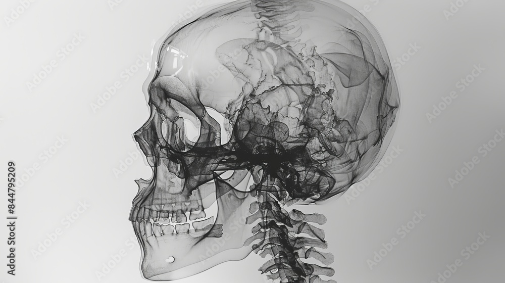 Detailed cranial X-ray of a human skull, highlighting the skeletal ...