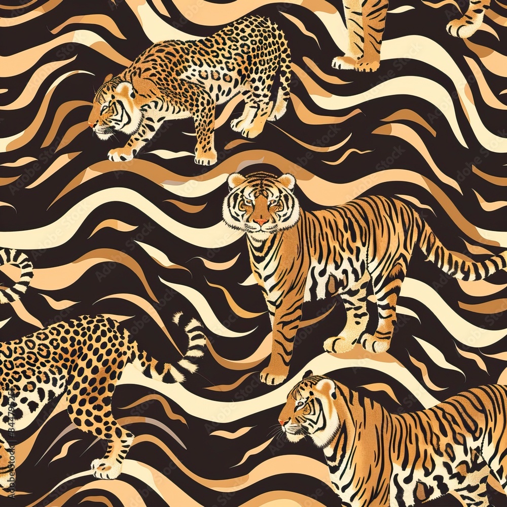 Obraz premium Animal skin tiger ,and cheetah,lepard in safari mood in the wave way seamless pattern in vector 
