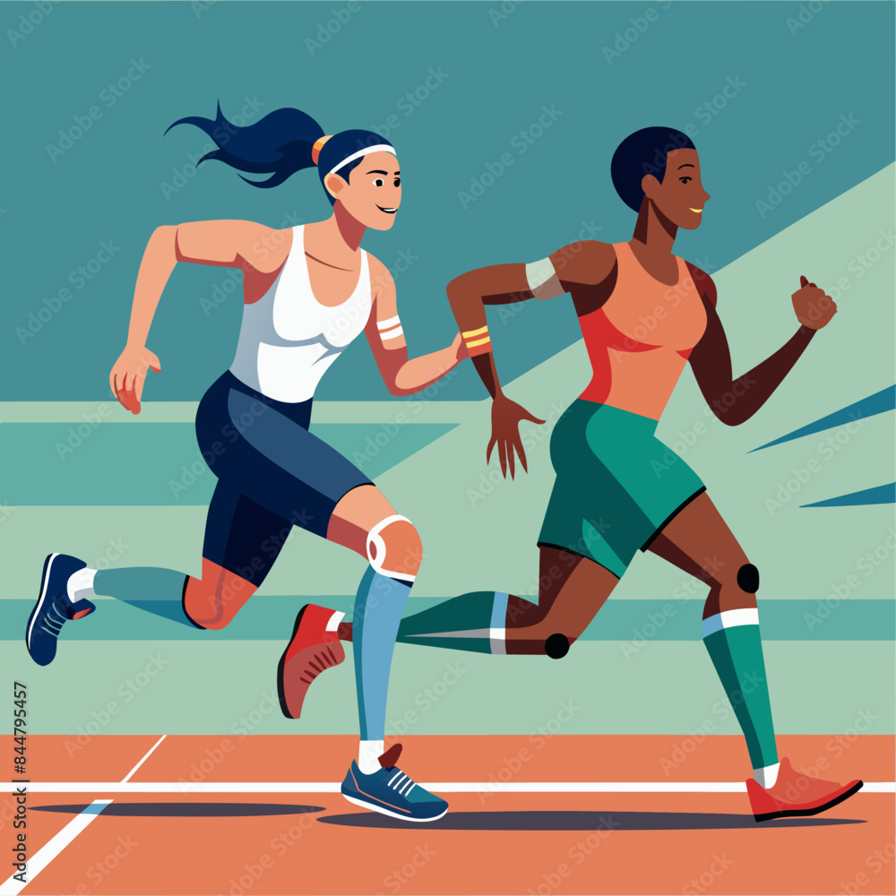 athletes with prosthetics running on a track, disabled and non-disabled athletes in sports athletes with prosthetics running on a track, disabled and non-disabled athletes in sports