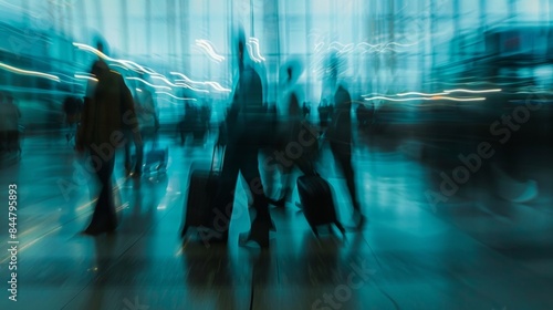 The defocused backdrop of The Dance of Airport Travelers reveals a wash of muted blues and greys evoking a sense of the vastness and monotony of air travel. Hints of airplanes and .