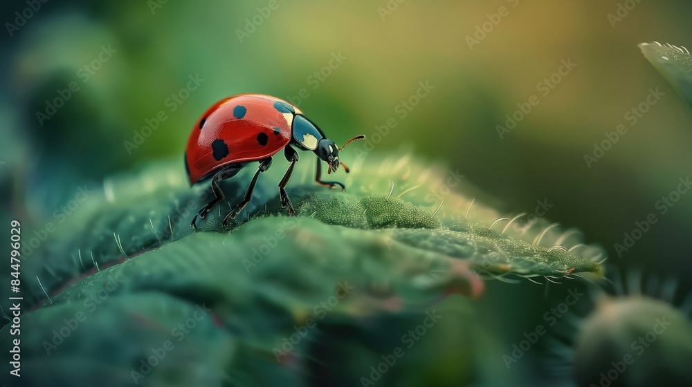 Close-up of a vibrant red ladybug exploring a green leaf in a natural garden setting during spring. Macro photography with beautiful bokeh background. Close-up of a vibrant red ladybug exploring a green leaf in a natural garden setting during spring. Macro photography with beautiful bokeh background.