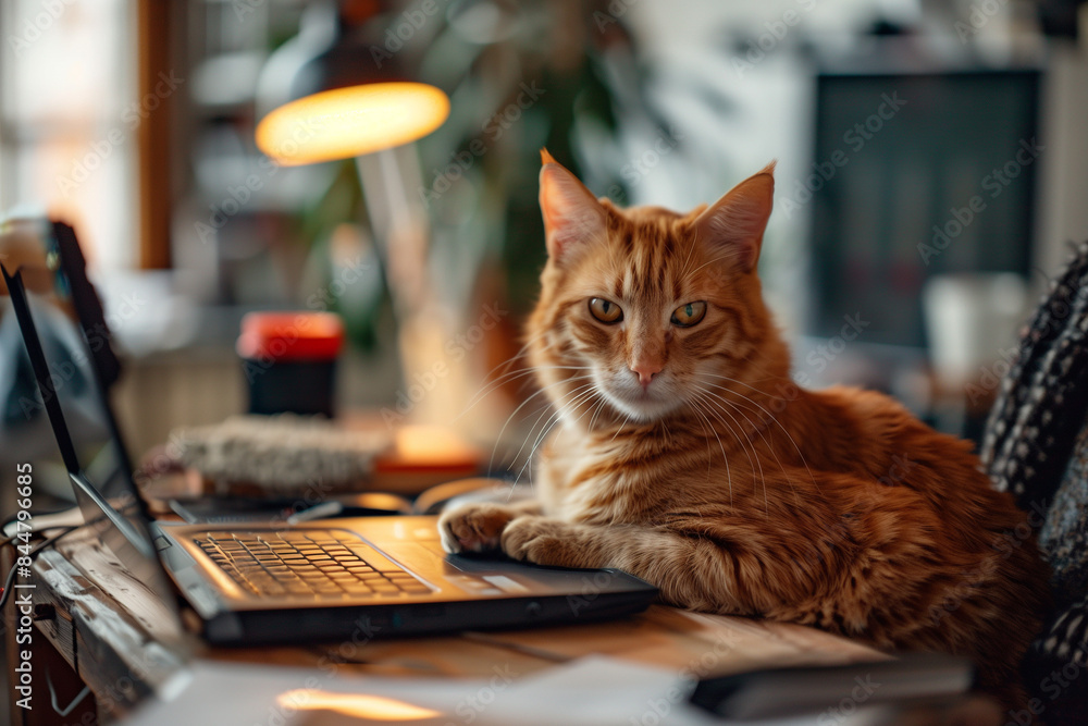 Orange Cat Using Laptop Computer in Office Orange Cat Using Laptop Computer in Office