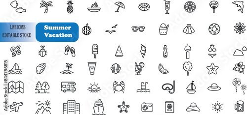 ummer Vacation Editable Icons set. Vector illustration in modern thin line style of travel related icons