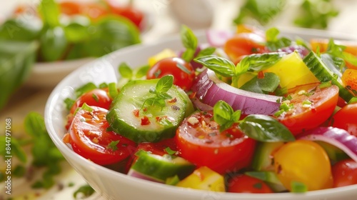 Fresh vegetable salad in a white bowl with shallow depth of field