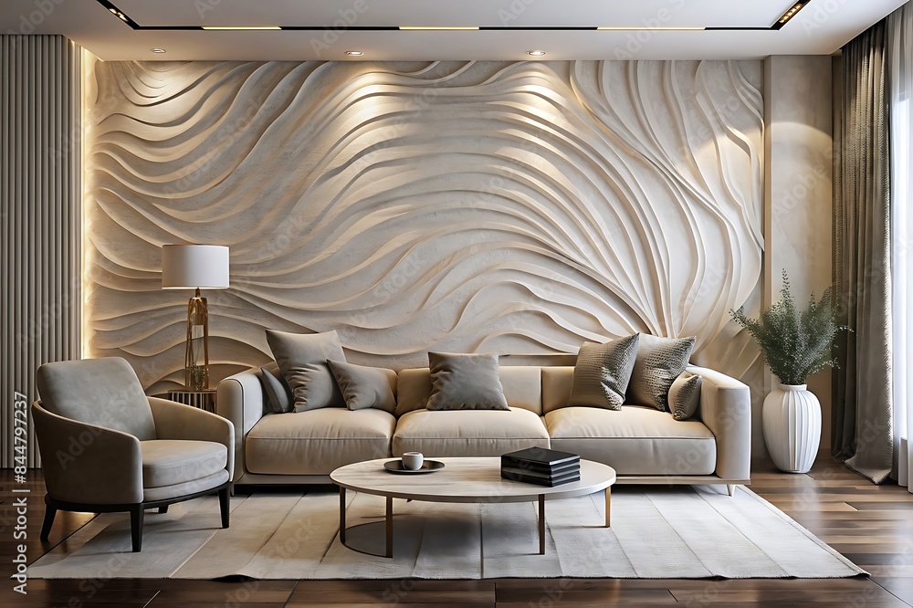 Fototapeta premium Ivory wall sculpture, gray seating, wooden tables