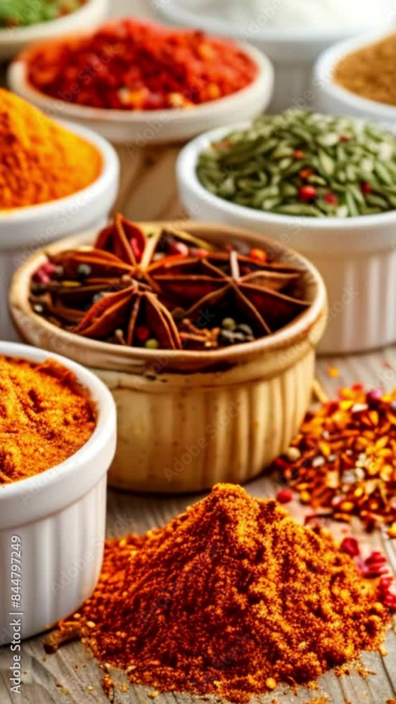 Various bright spices on the table in bowls red and green peppers in a bowl Vertical Various bright spices on the table in bowls red and green peppers in a bowl Vertical