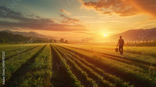 Young skilled farmer working and standing at rice field sunset with golden ray. Agricultural people or researcher checking his crop while standing at farm. Agriculture sustainable concept. AIG42.