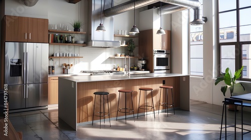 A stylish office kitchen with stainless steel appliances  a sleek island counter with bar stools  and neatly organized cabinets.