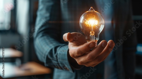 Hand holding an illuminated light bulb in a dimly lit room