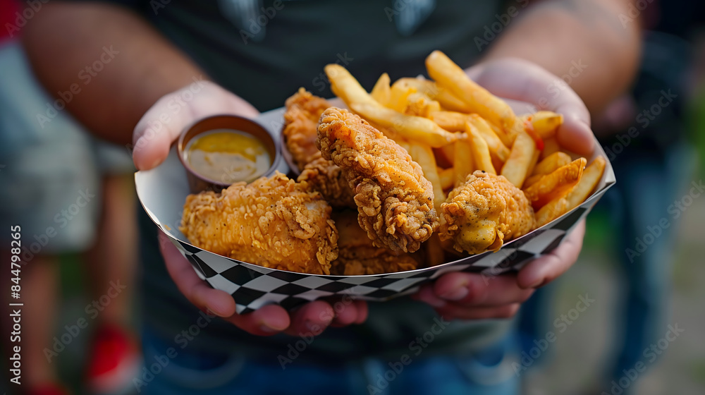 Pollo frito crujiente y patatas servido en bandeja