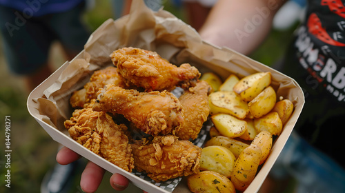 Fototapeta Naklejka Na Ścianę i Meble -  Pollo frito crujiente y patatas servido en bandeja