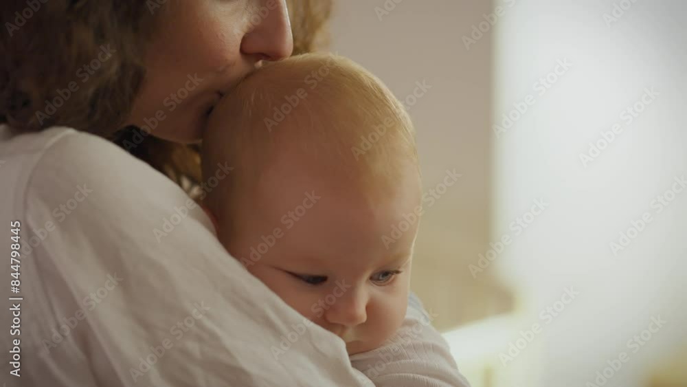 Young mother carefully lulls her baby to sleep, holding him in her arms. This process symbolizes the attention and care of mother to her child. Young parents care for their newborn with special warmth Young mother carefully lulls her baby to sleep, holding him in her arms. This process symbolizes the attention and care of mother to her child. Young parents care for their newborn with special warmth