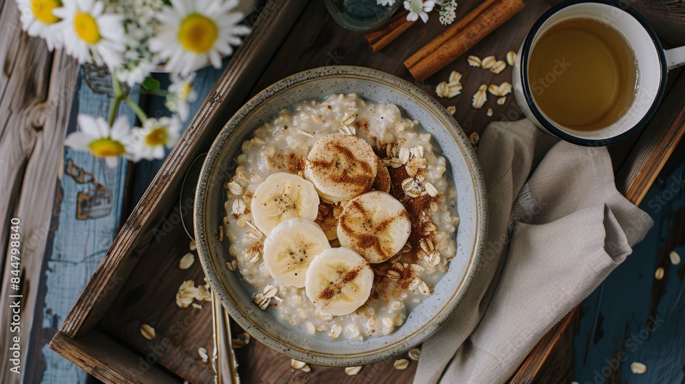 Healthy Breakfast Bowl with Steel Cut Oats, Sliced Bananas, Cinnamon, and Flax Seeds on Wooden Tray Healthy Breakfast Bowl with Steel Cut Oats, Sliced Bananas, Cinnamon, and Flax Seeds on Wooden Tray
