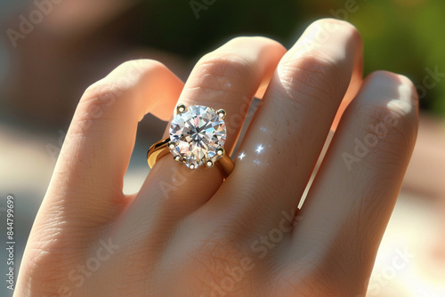 A woman's hand with a beautiful engagement ring, the diamond reflecting light in a high-resolution.