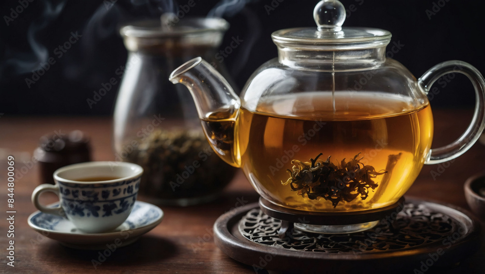 Oolong tea brewed in a glass teapot. Oolong tea brewed in a glass teapot.