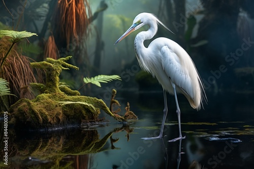 Graceful great egret stands by the water amidst lush greenery in a tranquil wetland environment photo