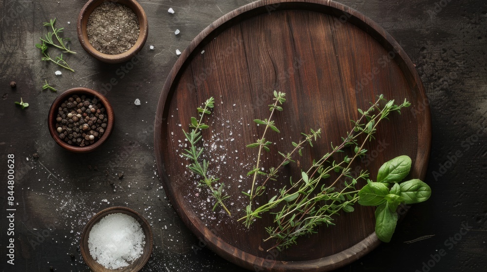 round wooden dish, highlighting the fresh herbs and salt on the dark wooden base. generative ai round wooden dish, highlighting the fresh herbs and salt on the dark wooden base. generative ai