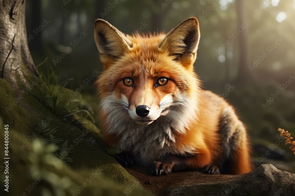 Red Fox (Vulpes vulpes,) close up front view, eye contact -wild animal in natural habitat, summer forest Red Fox (Vulpes vulpes,) close up front view, eye contact -wild animal in natural habitat, summer forest