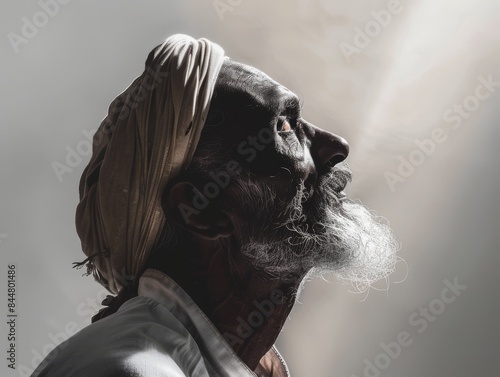 Man dark skin wearing skinny old man with beard, full body short, old dresses and turban 