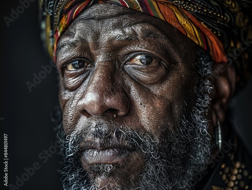 Man dark skin wearing skinny old man with beard, full body short, old dresses and turban 