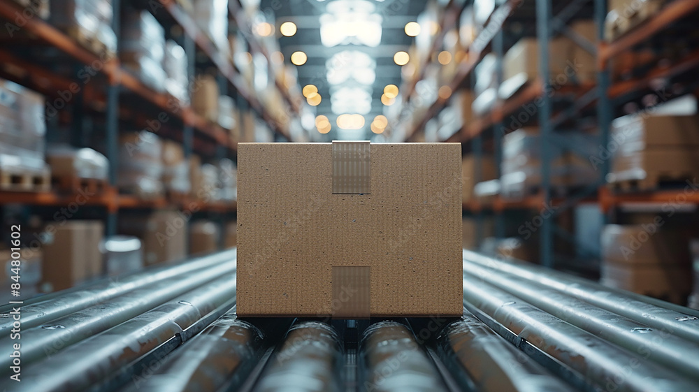 Obraz premium Closeup of multiple cardboard box packages seamlessly moving along a conveyor belt in a warehouse fulfillment center, a snapshot of e-commerce