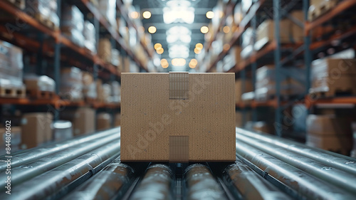 Wallpaper Mural Closeup of multiple cardboard box packages seamlessly moving along a conveyor belt in a warehouse fulfillment center, a snapshot of e-commerce Torontodigital.ca