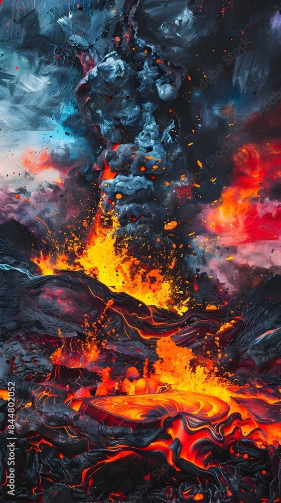 Surreal Volcanic Eruption Landscape with Molten Lava Flows and Billowing Pyroclastic Clouds Surreal Volcanic Eruption Landscape with Molten Lava Flows and Billowing Pyroclastic Clouds