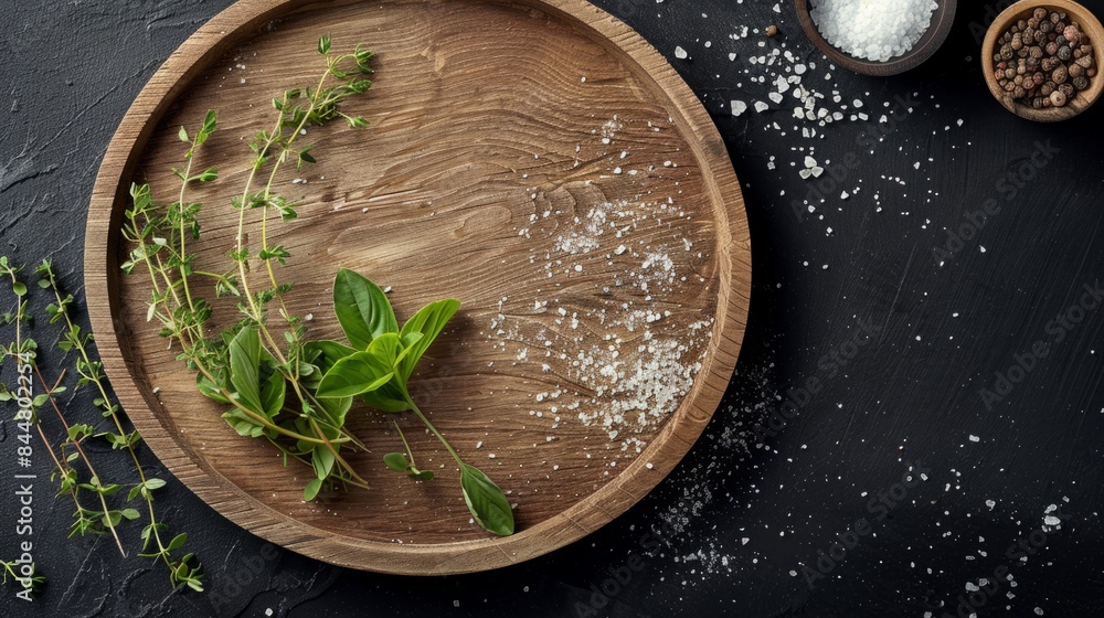 round wooden dish, highlighting the fresh herbs and salt on the dark wooden base. generative ai round wooden dish, highlighting the fresh herbs and salt on the dark wooden base. generative ai