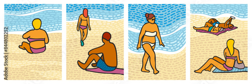 People on the beach poster set. People relaxing and sunbathing on the beach. Summer vacation posters.