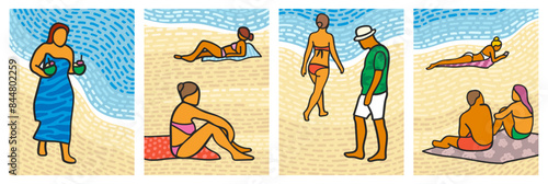 People on the beach poster set. People relaxing and sunbathing on the beach. Summer vacation posters.