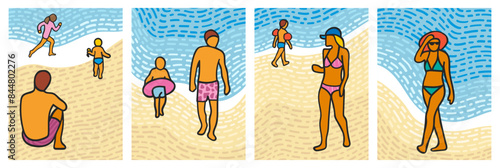 People on the beach poster set. People relaxing and sunbathing on the beach. Summer vacation posters.
